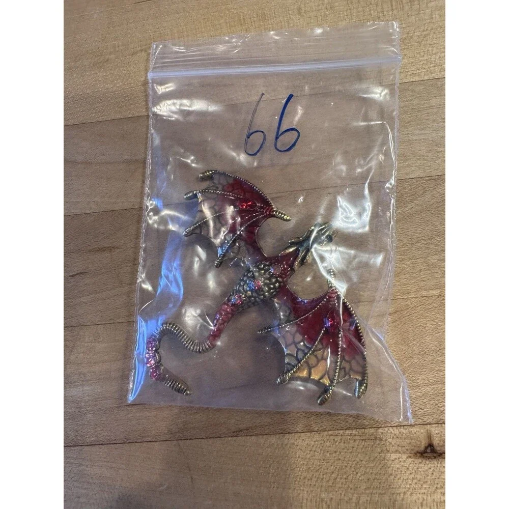 Gold Tone Flying Dragon Brooch Red Enamel Wings Rhinestone Fantasy Gothic Pin